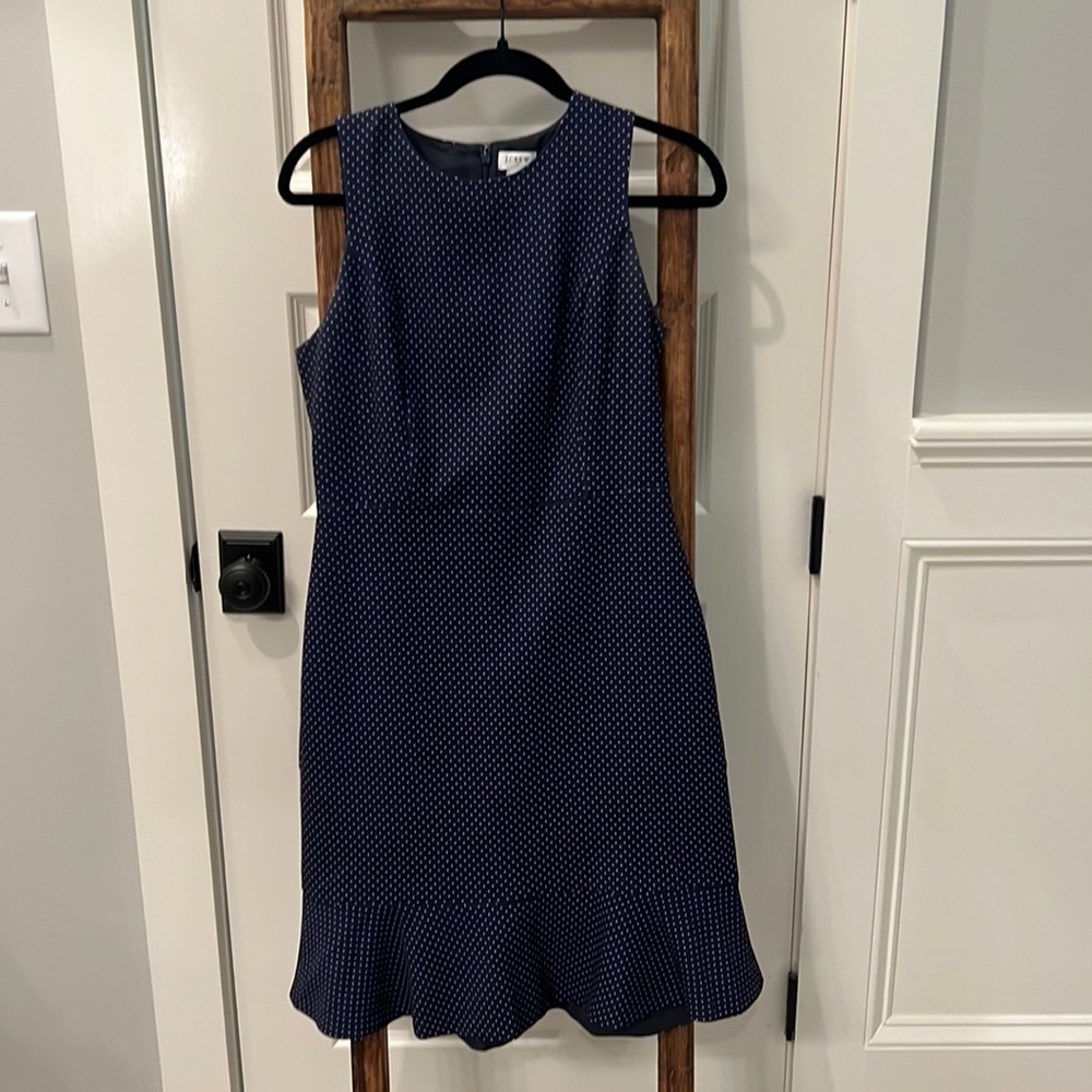 J. Crew purple and white polka dot sheath with flared hem.